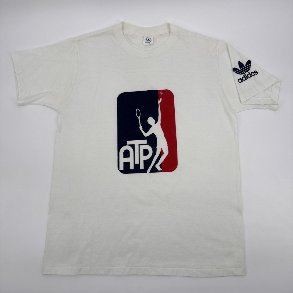 Vintage 80s Adidas ATP Tennis T Shirt L Made USA Single Stitch Trefoil 50/50